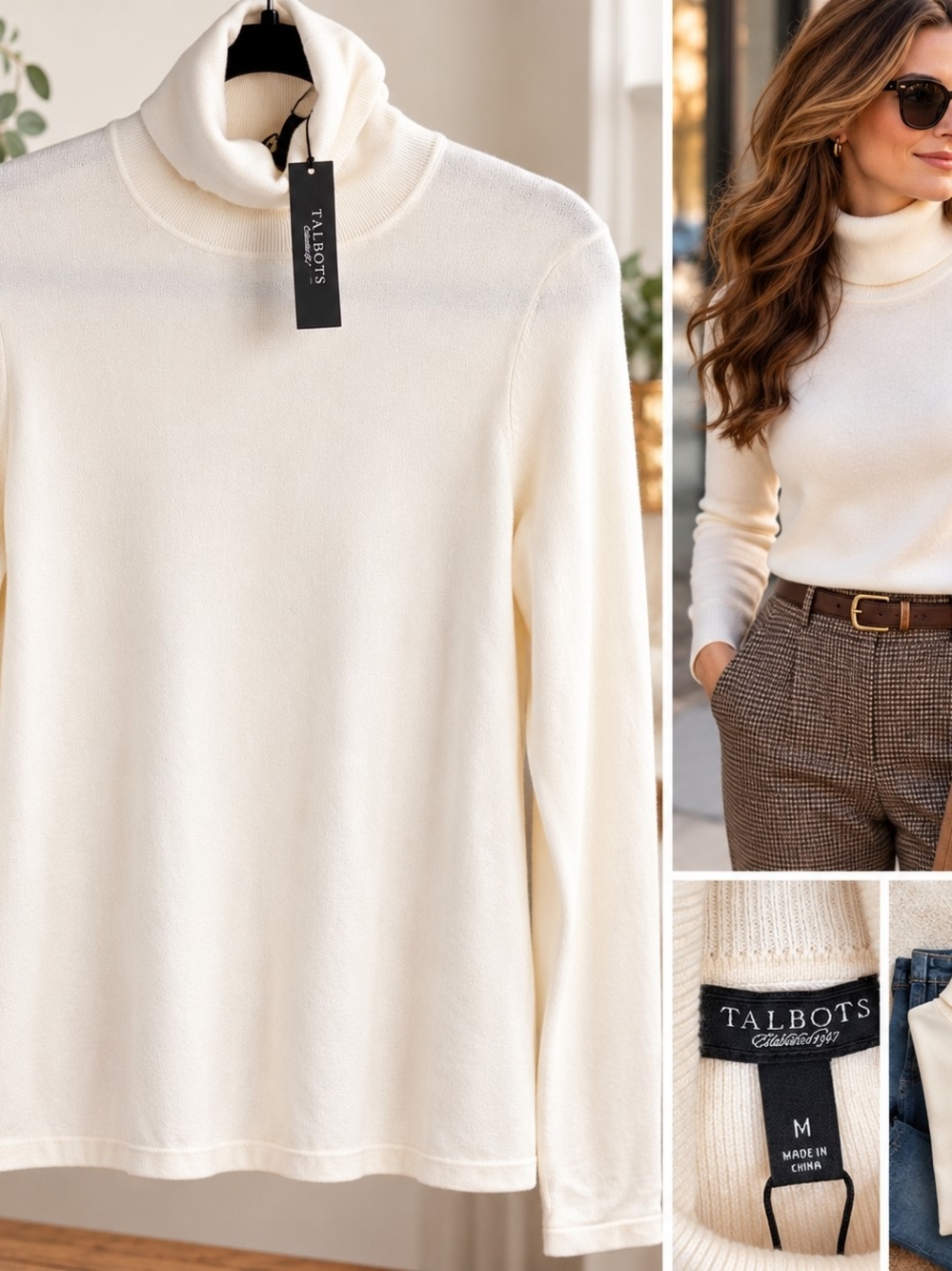 Talbots Turtleneck Sweater M Ivory Knit Quiet Luxury Old Money Preppy Classic